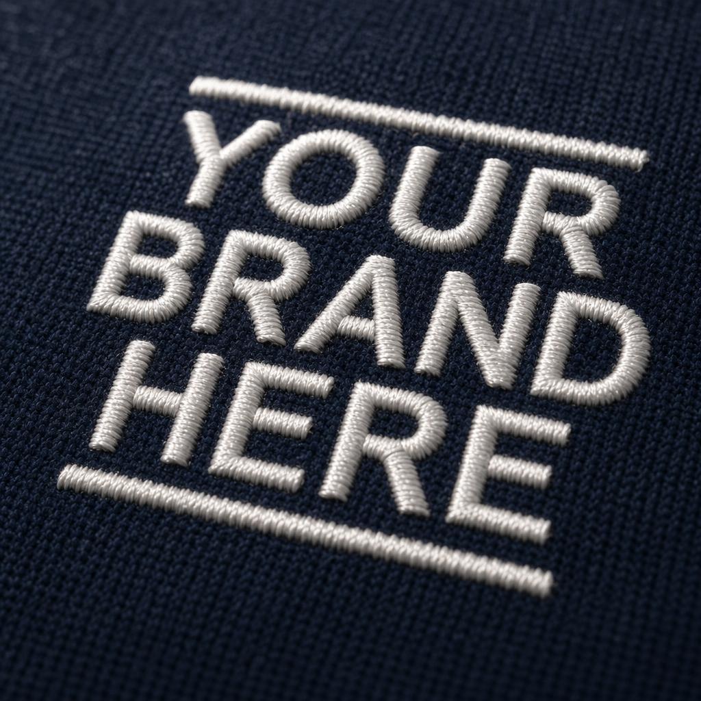 Macro view of high-density custom embroidery on a navy polo shirt